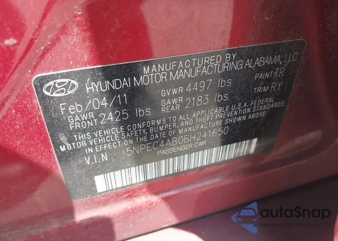 2011 Hyundai Sonata Se 2.0T из США, поврежденный, VIN 5NPEC4AB0BH241650